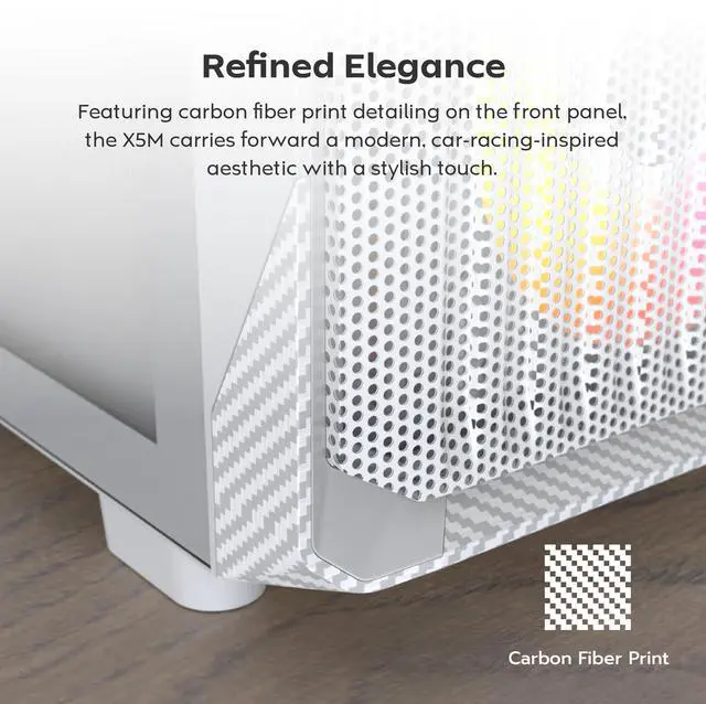 Alt view image 3 of 7 - MONTECH X5M- Micro ATX Gaming PC Case, High Airflow, 4x120mm ARGB Fans Pre-installed, Glass Side Panel, Carbon Fiber Print Accents, White