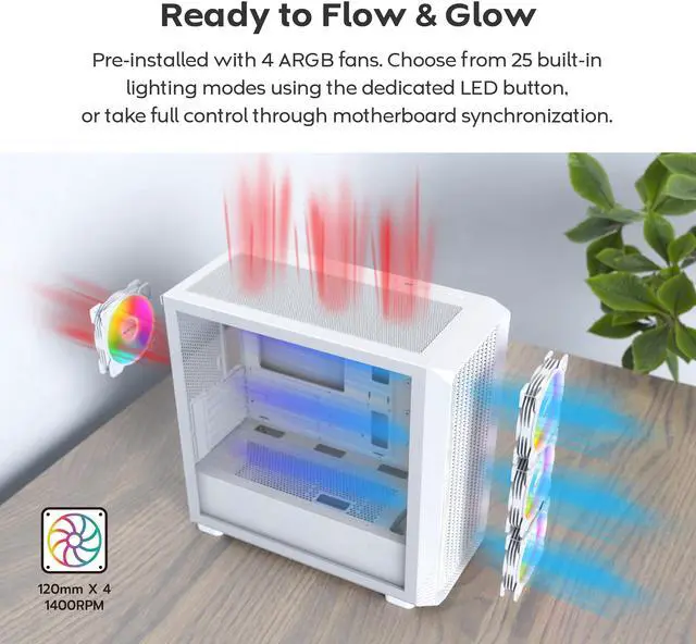 Alt view image 5 of 7 - MONTECH X5M- Micro ATX Gaming PC Case, High Airflow, 4x120mm ARGB Fans Pre-installed, Glass Side Panel, Carbon Fiber Print Accents, White