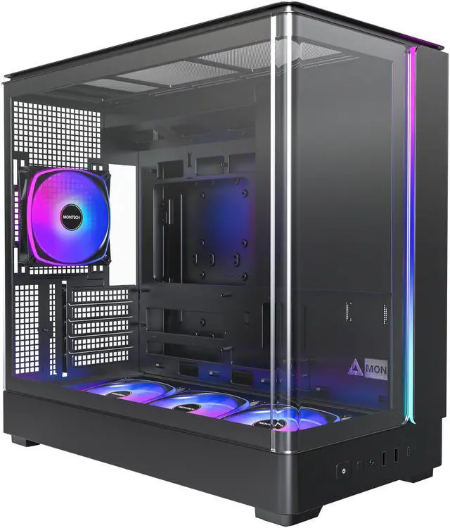 Main image of MONTECH KING 15 PRO Micro-ATX PC Case, Curved Panoramic Glass, Chimney Airflow, 360mm Radiator Support, Compact Build for High-Performance Systems, 6 ARGB PWM Fan Pre-Installed with Fan Hub, Black