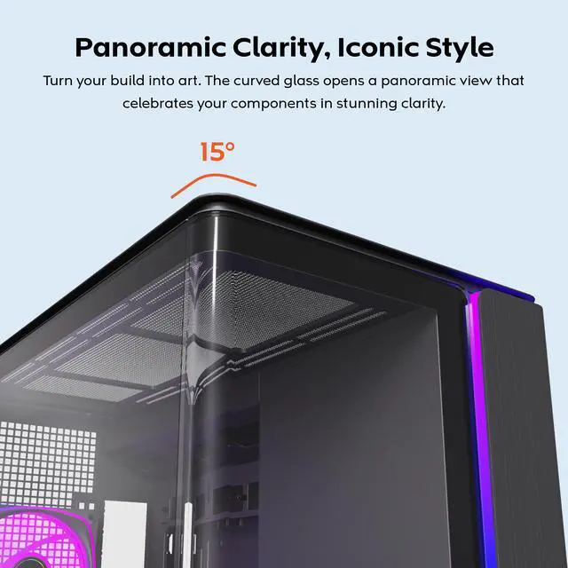 Alt view image 3 of 8 - MONTECH KING 15 PRO Micro-ATX PC Case, Curved Panoramic Glass, Chimney Airflow, 360mm Radiator Support, Compact Build for High-Performance Systems, 6 ARGB PWM Fan Pre-Installed with Fan Hub, Black
