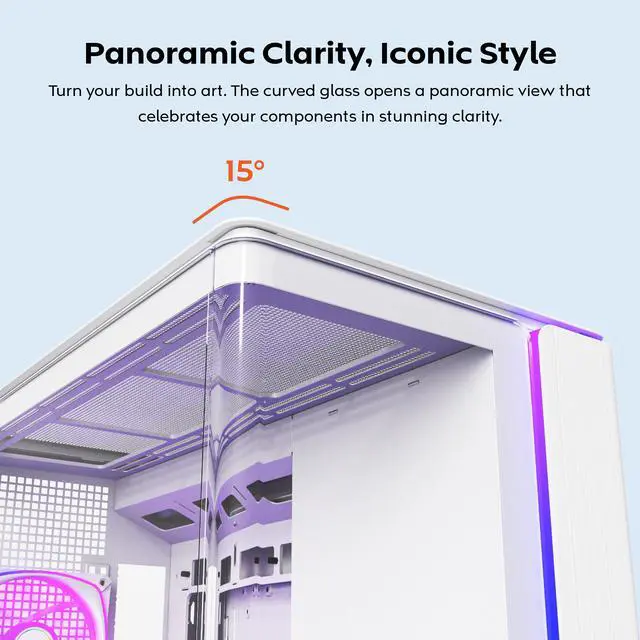 Alt view image 3 of 8 - MONTECH KING 15 PRO Micro-ATX PC Case, Curved Panoramic Glass, Chimney Airflow, 360mm Radiator Support, Compact Build for High-Performance Systems, 6 ARGB PWM Fan Pre-Installed with Fan Hub, White