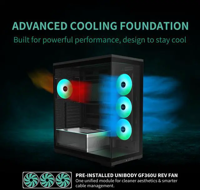Alt view image 5 of 13 - MONTECH TG3 Panoramic ATX Mid-Tower PC Case, Pre-Installed 360mm ARGB Unibody Fans & 1x120mm ARGB Fan, ARGB Strip, Supports 360mm Radiator, RTX 5090 GPUs & Back-Connect Motherboards, Black
