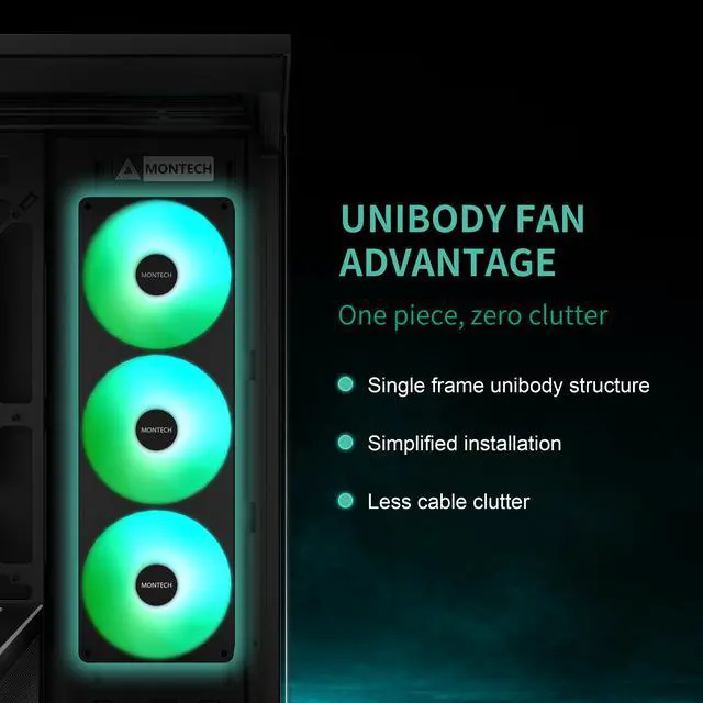 Alt view image 6 of 13 - MONTECH TG3 Panoramic ATX Mid-Tower PC Case, Pre-Installed 360mm ARGB Unibody Fans & 1x120mm ARGB Fan, ARGB Strip, Supports 360mm Radiator, RTX 5090 GPUs & Back-Connect Motherboards, Black