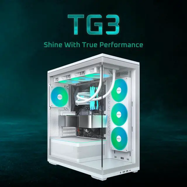Alt view image 2 of 13 - MONTECH TG3 Panoramic ATX Mid-Tower PC Case, Pre-Installed 360mm ARGB Unibody Fans & 1x120mm ARGB Fan, ARGB Strip, Supports 360mm Radiator, RTX 5090 GPUs & Back-Connect Motherboards, White