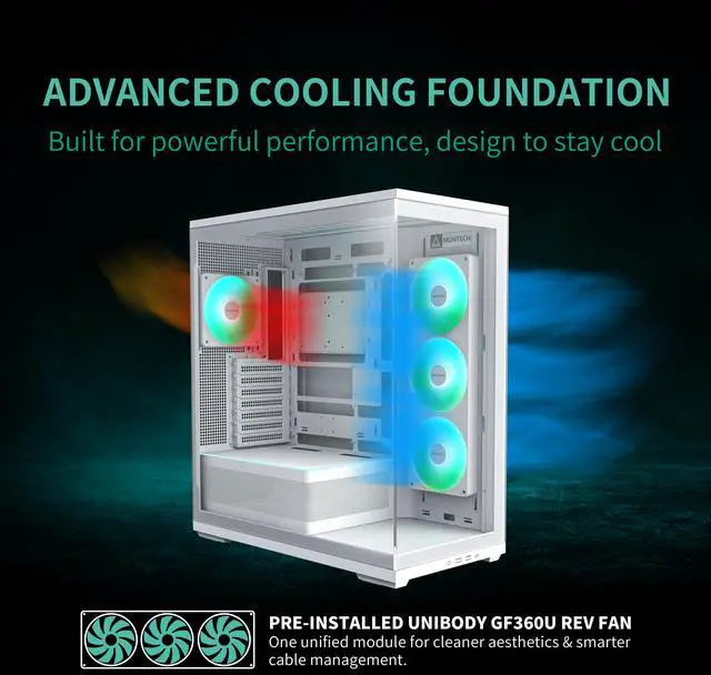 Alt view image 5 of 13 - MONTECH TG3 Panoramic ATX Mid-Tower PC Case, Pre-Installed 360mm ARGB Unibody Fans & 1x120mm ARGB Fan, ARGB Strip, Supports 360mm Radiator, RTX 5090 GPUs & Back-Connect Motherboards, White