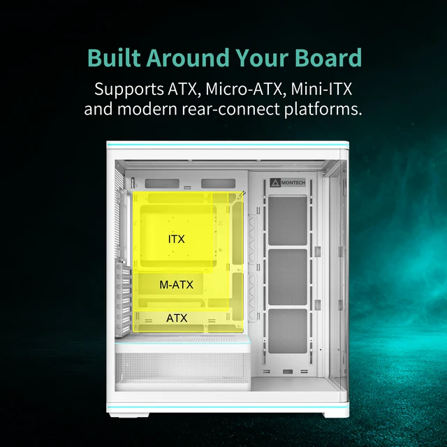 Alt view image 7 of 8 - MONTECH TG3 Curved ATX PC Case with 15° Curved Glass & 4 ARGB Fans, White. Show hardware up front, back-connect ready, 430mm graphics clearance, 180mm cooler, 360mm top radiator, Type-C