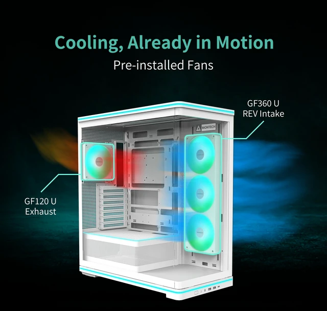 Alt view image 4 of 8 - MONTECH TG3 Curved ATX PC Case with 15° Curved Glass & 4 ARGB Fans, White. Show hardware up front, back-connect ready, 430mm graphics clearance, 180mm cooler, 360mm top radiator, Type-C