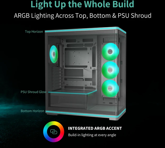 Alt view image 3 of 8 - MONTECH TG3 Curved ATX PC Case with 15° Curved Glass & 4 ARGB Fans, White. Show hardware up front, back-connect ready, 430mm graphics clearance, 180mm cooler, 360mm top radiator, Type-C