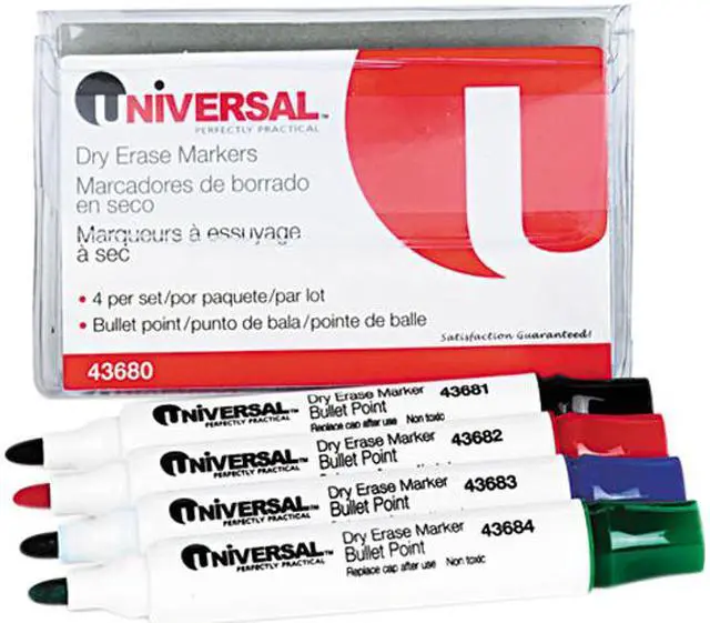 Main image of Universal Dry Erase Whiteboard Markerss, Bullet Tip, Assorted, 4/Set, ST - UNV43680