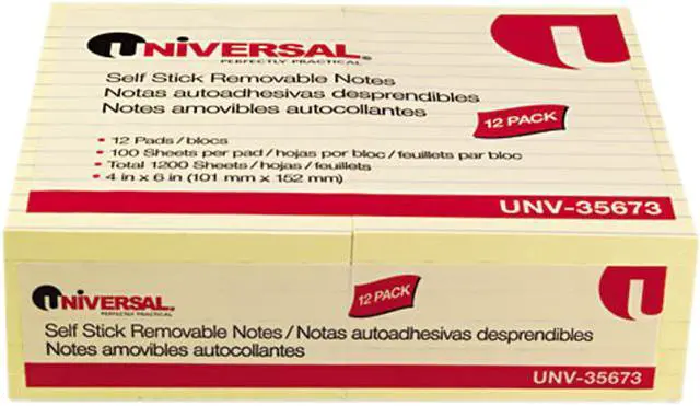 Main image of Standard Self-Stick Notes, 4 X 6, Lined, Yellow, 12 100-Sheet Pads/Pac