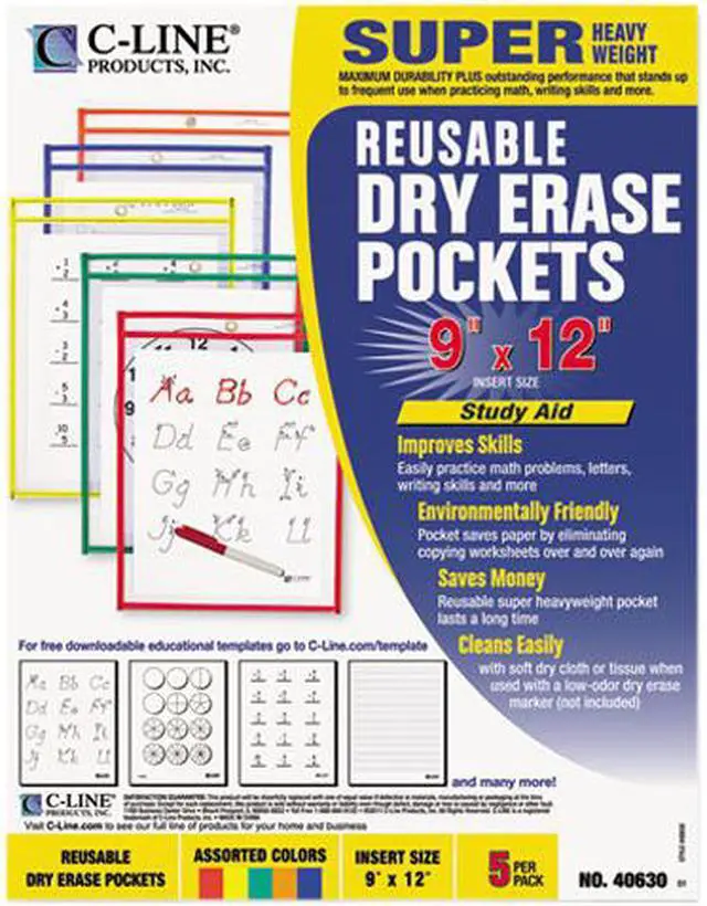 Main image of C-Line Reusable Dry Erase Pockets 9 x 12 Assorted Primary Colors 5/Pack 40630