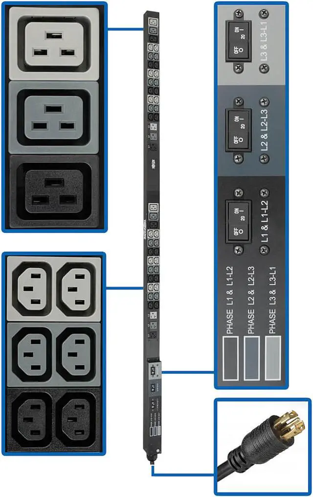 Main image of Tripp Lite 8.6kW 208/120V Three-Phase Basic PDU - 48 Outlets (36 C13, 6 C19, 6 5-15/20R), L21-30P Input, 6 ft. Cord, 70 in. 0U Rack (PDU3V6L2130)