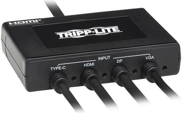 Alt view image 2 of 8 - 4-Port Presentation Adapter, 4K 60 Hz (4:4:4) HDMI, DP, USB-C and 1080p VGA to HDMI, Built-In Cables