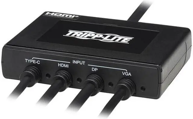 Alt view image 3 of 8 - 4-Port Presentation Adapter, 4K 60 Hz (4:4:4) HDMI, DP, USB-C and 1080p VGA to HDMI, Built-In Cables