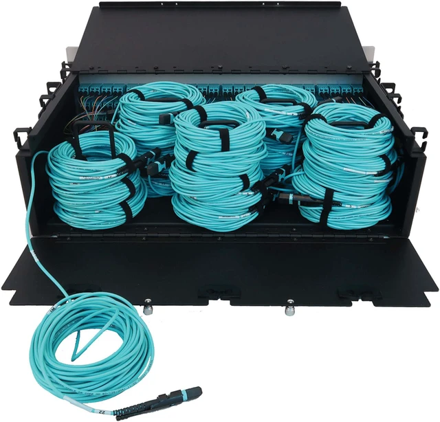 Alt view image 3 of 7 - Preloaded Fiber Panel 3U 24x12F MTP/MPO-PC 4xLC F/F OM4 MMF 10M