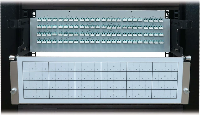 Alt view image 7 of 7 - Preloaded Fiber Panel 3U 24x12F MTP/MPO-PC 4xLC F/F OM4 MMF 10M