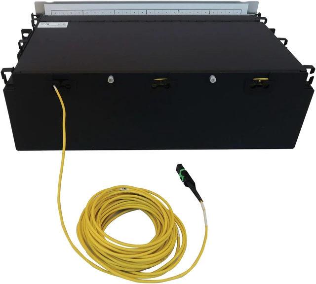 Alt view image 8 of 9 - Preloaded Fiber Panel 3U 24x12F MTP/MPO-APC 4xLC F/F OS2 SMF 10M