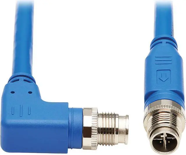 Main image of Tripp Lite M12 X-Code Cat6a Shielded Ethernet Cable, Right-Angle M12 Cable, 10G F/UTP CMR-LP (M/M), IP68, 60W Power over Ethernet, Blue, 3.3 Feet / 1 Meter (NM12-6A3-01M-BL)