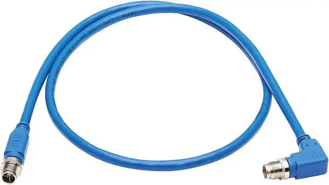 Alt view image 2 of 3 - Tripp Lite M12 X-Code Cat6a Shielded Ethernet Cable, Right-Angle M12 Cable, 10G F/UTP CMR-LP (M/M), IP68, 60W Power over Ethernet, Blue, 3.3 Feet / 1 Meter (NM12-6A3-01M-BL)