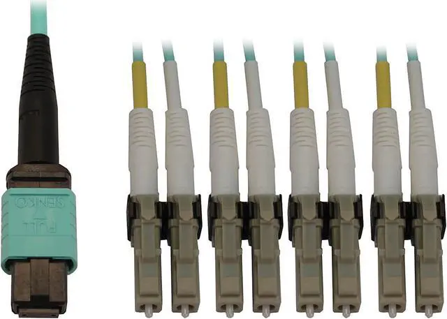 Main image of Tripp Lite Switchable Fiber Patch Cable, 50/125 OM3 MTP/MPO to 4x Duplex LC (F/M), 12 Fiber, 40/100/400GbE, LSZH Jacket, Aqua, 5 Meters / 16.4 Feet (N844X-05M-8L-P)