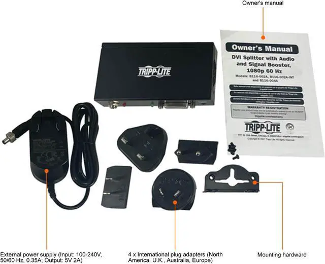 Alt view image 5 of 5 - Tripp Lite 2-Port DVI Extender Splitter with Audio and Signal Booster, Single-Link 1080p @ 60 Hz Video (DVI-D F/2xF), International Plug Adapters [North America, UK, Australia, EU], TAA Compliant (B116-002A-INT)