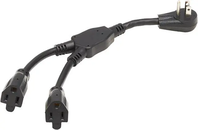 Main image of Tripp Lite Model P024-001-15D-2 Extension Cord Y Splitter, Right-Angle NEMA 5-15P to 2x NEMA 5-15R - Heavy Duty, 15A, 120V, 14 AWG, 1 ft. (0.3 m), Black