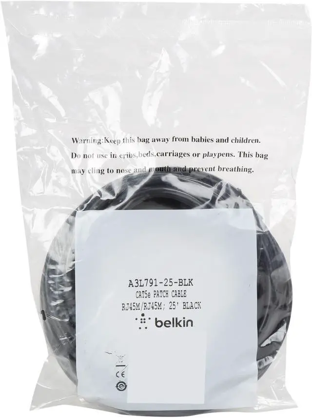 Alt view image 3 of 3 - Belkin A3L791-25-BLK 25 ft. Cat 5E Black Patch Network Cable