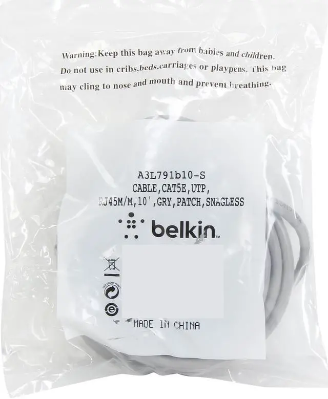 Alt view image 3 of 3 - Belkin A3L791B10-S 10 ft. Cat 5 Gray UTP Patch Cable