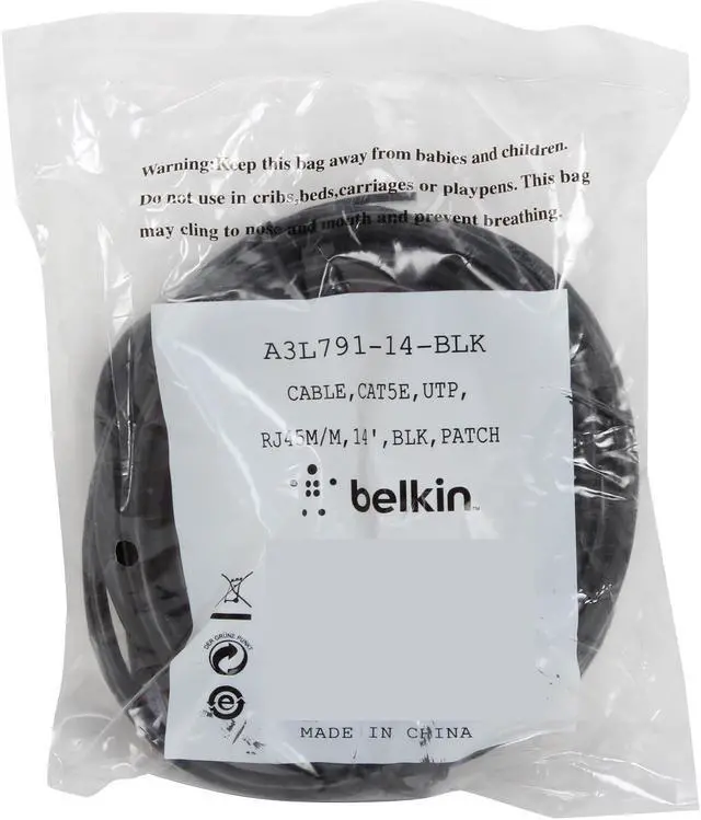 Alt view image 3 of 3 - Belkin A3L791-14-BLK 14 ft. Cat 5E Black Patch Cable CAT5e RJ-45M / RJ-45M