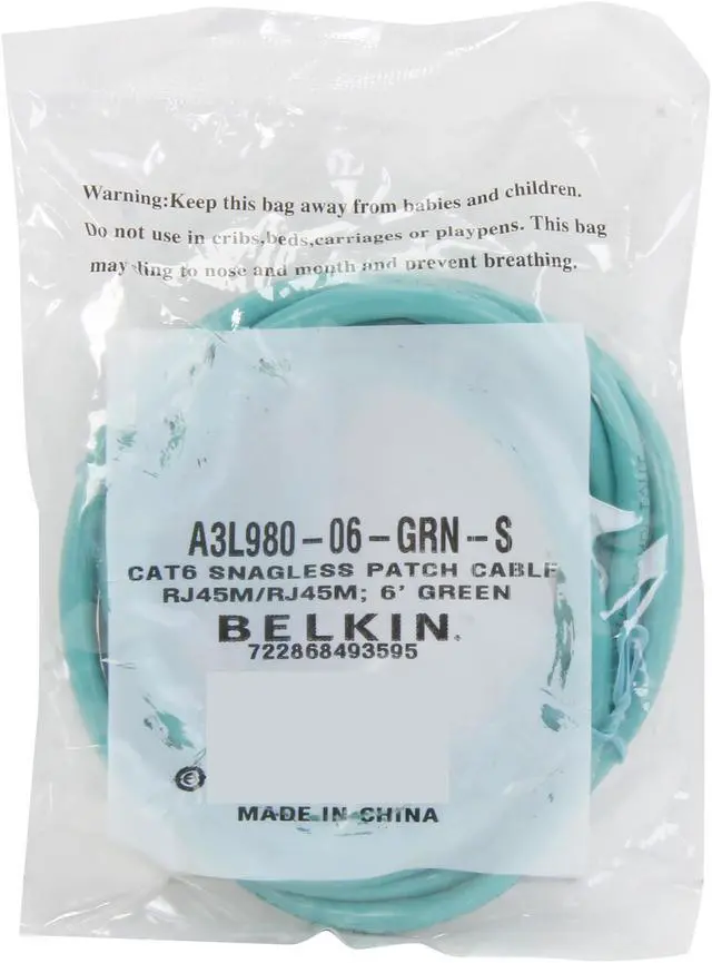Alt view image 3 of 3 - Belkin A3L980-06-GRN-S 6 ft. Cat 6 Green Patch Cable CAT6 Snagless RJ-45M / RJ-45M