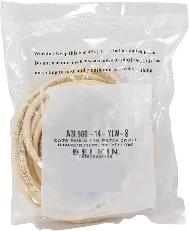 Alt view image 3 of 3 - Belkin A3L980-14-YLW-S 14 ft. Cat 6 Yellow Patch Cable CAT6 Snagless RJ-45M / RJ-45M