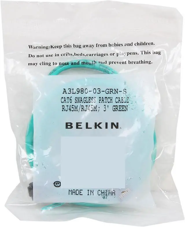 Alt view image 3 of 3 - Belkin A3L980-03-GRN-S 3 ft. Cat 6 Green Patch Cable CAT6 Snagless RJ-45M / RJ-45M