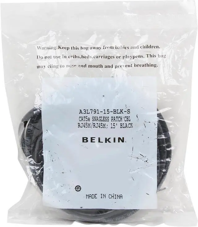 Alt view image 3 of 3 - Belkin A3L791-15-BLK-S 15 ft. Cat 5E Black Patch Cable CAT5e Snagless RJ-45M / RJ-45M