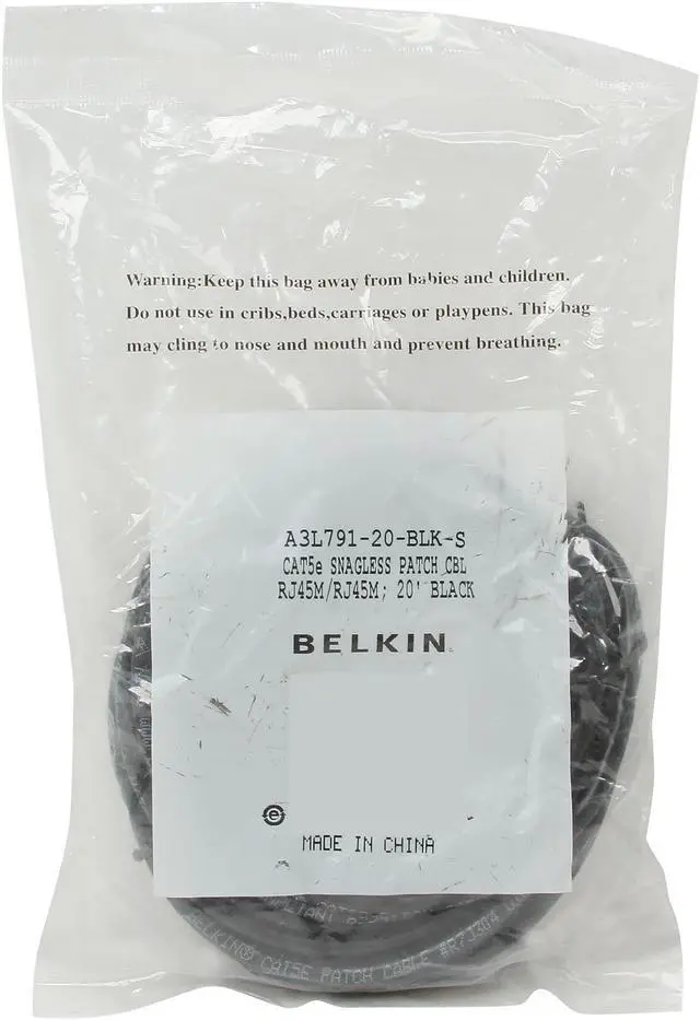 Alt view image 3 of 3 - Belkin A3L791-20-BLK-S 20 ft. Cat 5E Black Patch Cable Snagless Molded