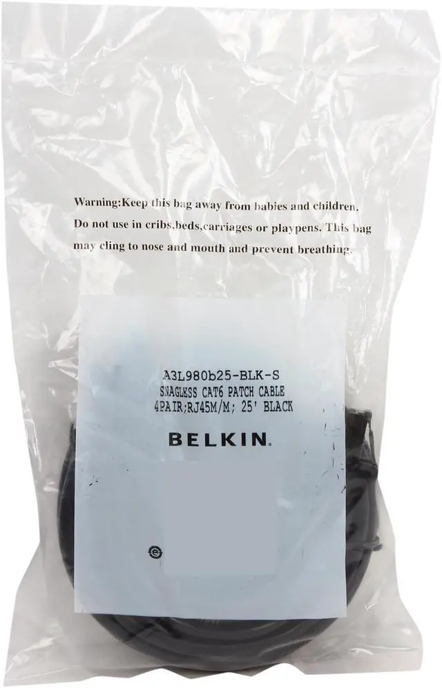 Alt view image 3 of 3 - Belkin A3L980B25-BLK-S 25 ft. Cat 6 Black Snagless Patch Cable