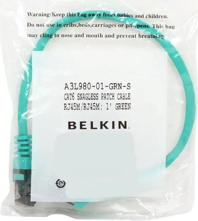 Alt view image 3 of 3 - Belkin A3L980-01-GRN-S 1 ft. Cat 6 Green UTP Patch Cable