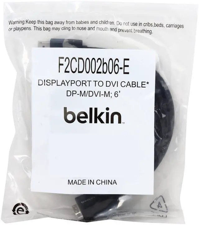 Alt view image 3 of 3 - Belkin F2CD002B06-E 6 ft. Black 1 x DisplayPort Male to 1 x DVI-D Male DisplayPort-Male to DVI-D-Male Cable Male to Male