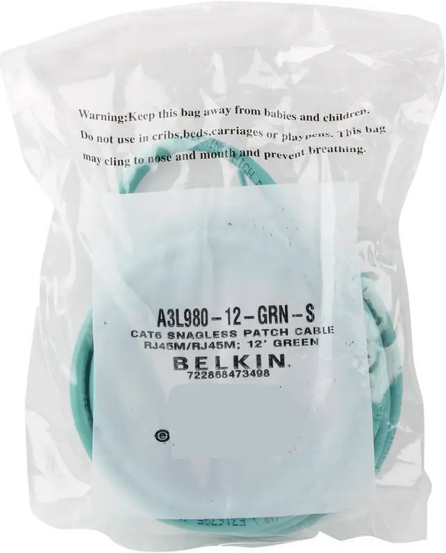 Alt view image 3 of 3 - Belkin A3L980-12-GRN-S 12 ft. Cat 6 Green UTP RJ45M/RJ45M Snagless  Patch Cable