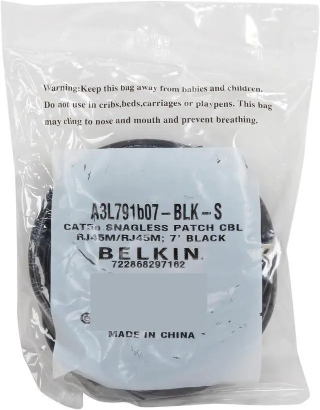 Alt view image 3 of 3 - Belkin A3L791B07-BLK-S 7 ft. Cat 5E Black UTP RJ45M/RJ45M Snagless Patch Cable