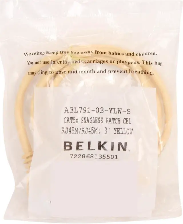 Alt view image 3 of 3 - Belkin A3L791-03-YLW-S 3 ft. Cat 5E Yellow UTP  RJ45M/RJ45M Snagless  Patch Cable