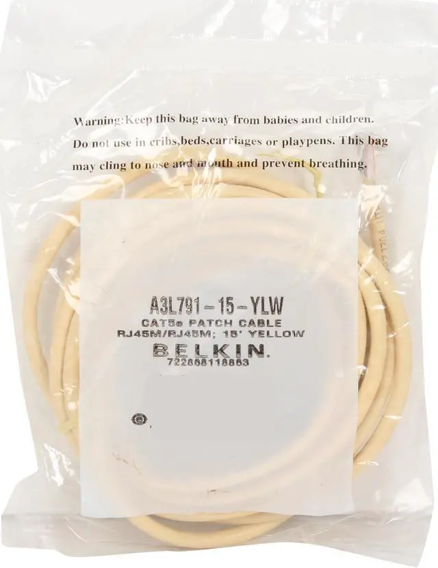 Alt view image 3 of 3 - Belkin A3L791-15-YLW 15 ft. Cat 5E Yellow UTP RJ45M/RJ45M Patch Cable