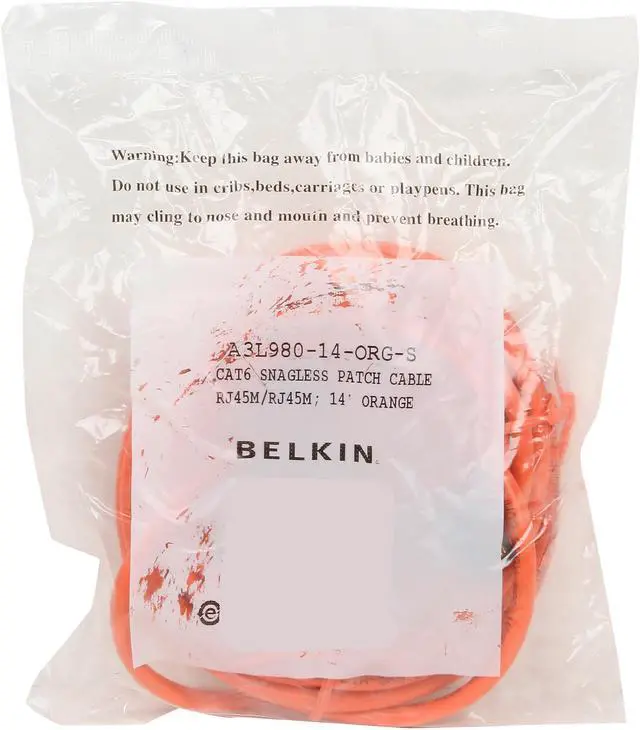Alt view image 3 of 3 - Belkin A3L980-14-ORG-S 14 ft. Cat 6 Orange Network Cable