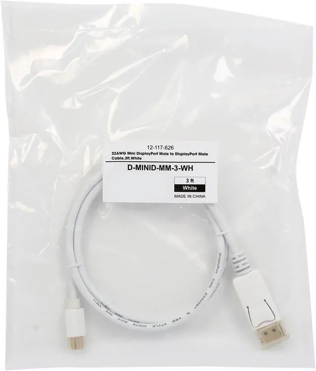 Alt view image 3 of 3 - Coboc D-MINID-MM-3-WH 3ft 32AWG Displayport1.2 High Bit-Rate 2 Mini DisplayPort Male to DisplayPort Male Cable with latching,Gold Plated,White - MDP to DP,4K x 2K Ready - Eyefinity Support