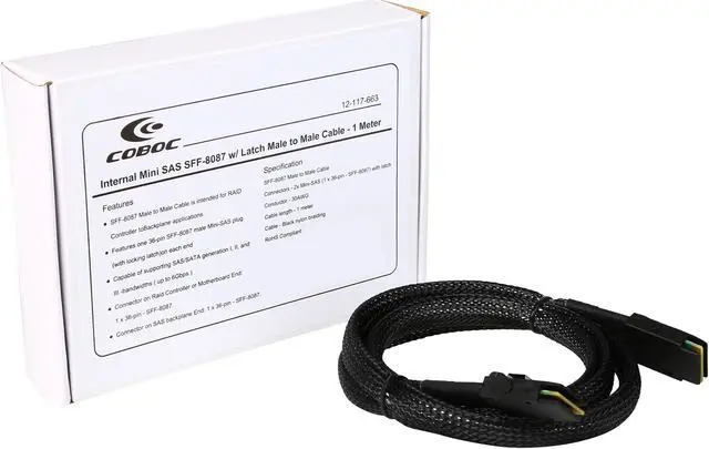 Alt view image 3 of 3 - Coboc SFF8087-MM-1M 1 meter 30AWG Internal Mini SAS 36-Pin SFF-8087 Male to Mini SAS 36-Pin SFF-8087 Male Cable with Nylon Braiding