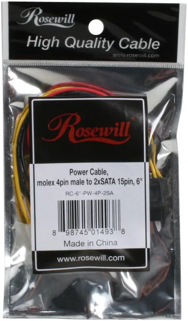 Alt view image 3 of 3 - Rosewill RC-6"-PW-4P-2SA 6 in. Molex 4pin Male to Two 15pin SATA Power Cable