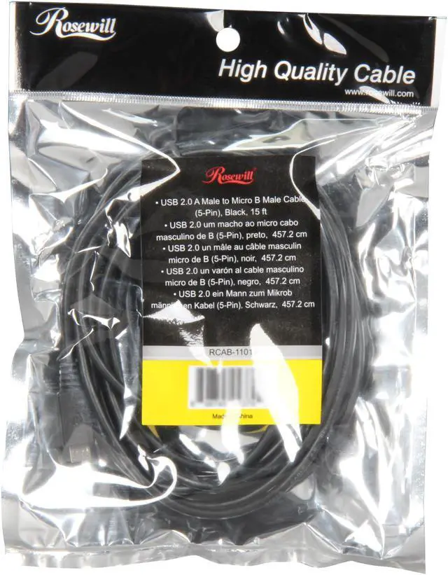 Alt view image 3 of 3 - Rosewill RCAB-11019 - 15-Foot USB 2.0 A Male to Micro B (5-Pin) Male Cable - Black