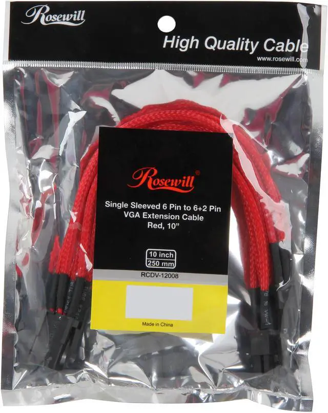 Alt view image 3 of 3 - Rosewill RCDV-12008 - 9.84" Single Sleeve 6-Pin to 6 + 2-Pin VGA Extension Cable - Male to Female