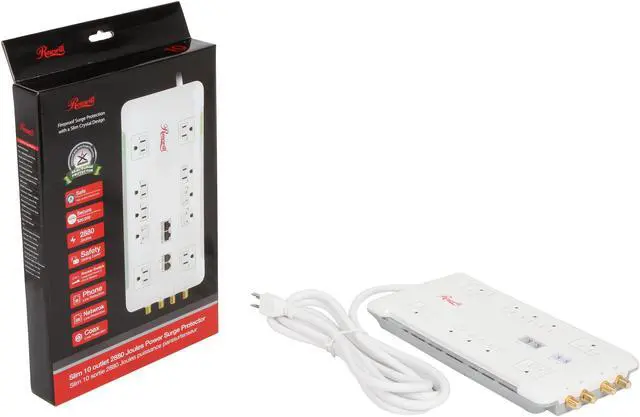 Alt view image 7 of 7 - Rosewill RHSP-13003 - Slim, 10-Outlet Surge Blocking, Fireproof Power Surge Protector – Up to 2880 Joules / 40dB Protection, and Telephone / DSL and TV / Cable Line Protection