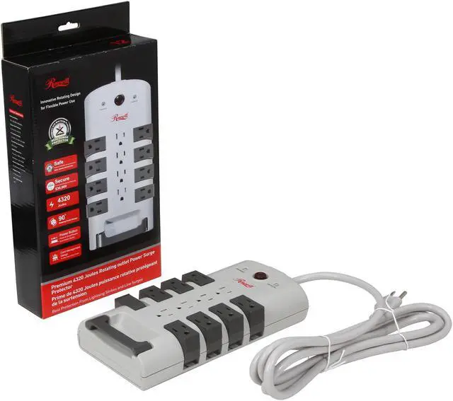 Alt view image 6 of 6 - Rosewill RHSP-13007 Rotating Power Surge Block, 180° Rotating 12-Outlets, 2-in-1 Power and Circuit Breaker Switch, 4230 Joules