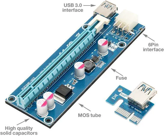 Alt view image 6 of 6 - Rosewill RCRC-17001 Mining Card, Riser Card, PCIe (PCI Express) 16x to 1x Riser Adapter, USB 3.0 Extension Cable 60cm, 6 pin PCI-E to SATA Power Cable, GPU Riser Adapter, Ethereum Mining Riser Card